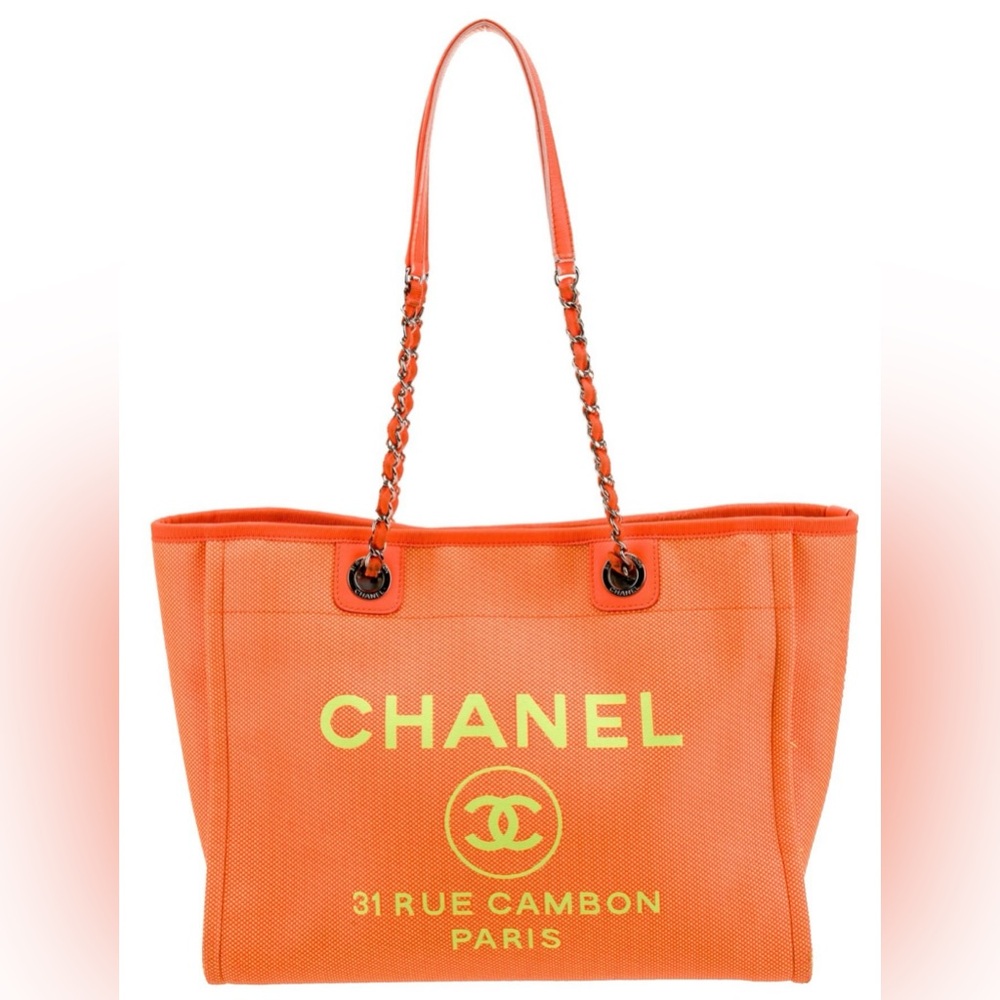 Chanel 2021 Neon Deauville Tote Small Orange Yellow neverfull
